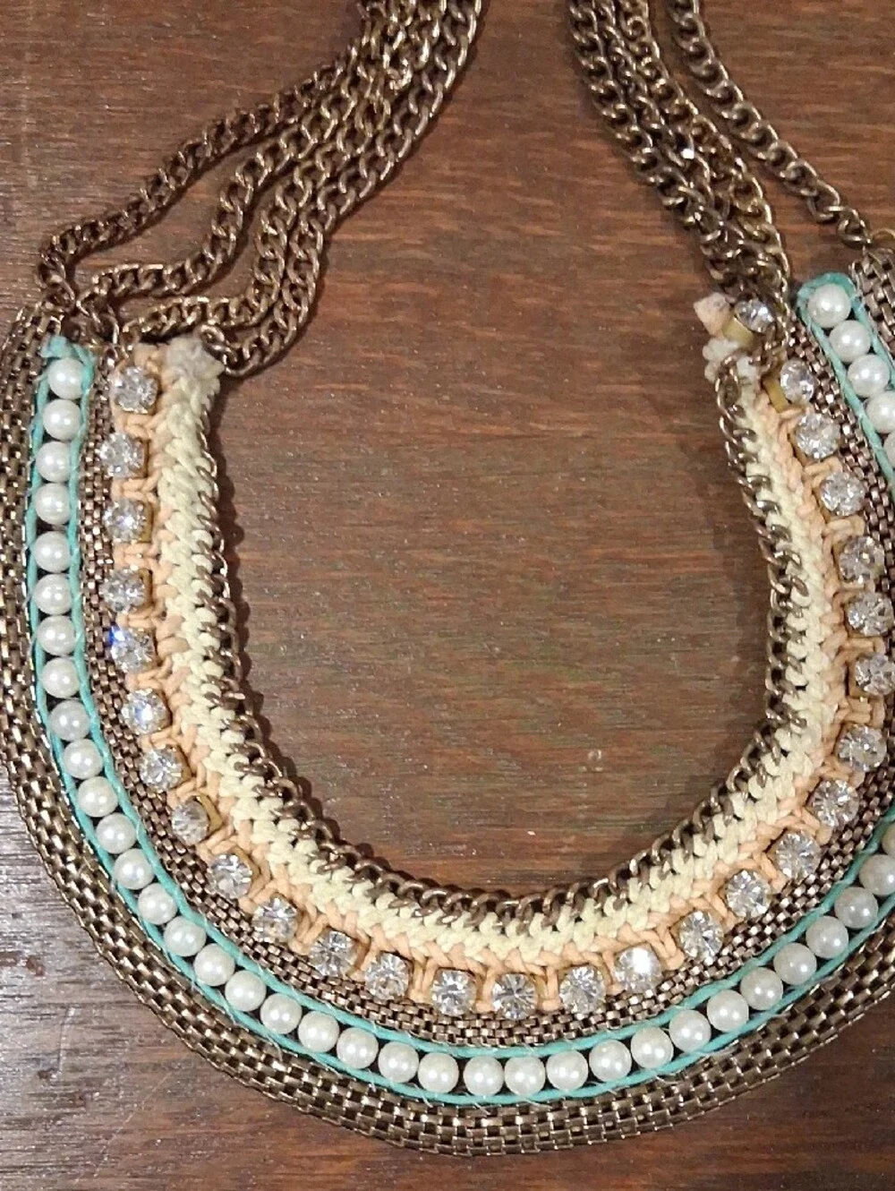 Gold-Tone Multi Strand Faux Pearl & Crystal Bib Necklace